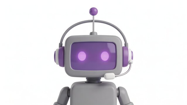 Gray robot with purple glowing eyes and headset front-facing view on white background
