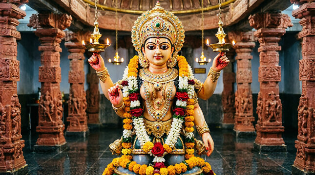 Beautiful hindu goddess idol holding lamps within stone temple sanctuary decorated with vibrant orange marigold garlands.
