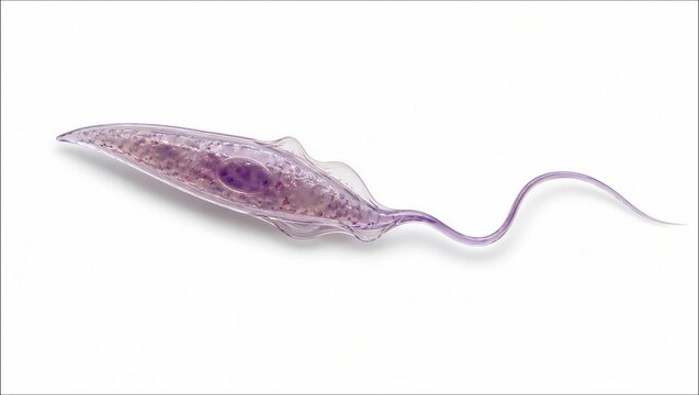 Microscopic view of single flagellated protozoan organism isolated against plain white background scientific illustration with organism prominent nucleus