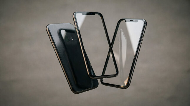Abstract composition of floating glass smartphone screen protectors and black phone body over textured grey background.