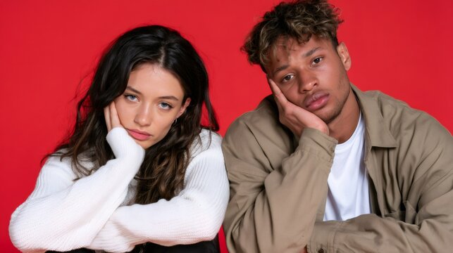 Bored young diverse couple looking tired on red background