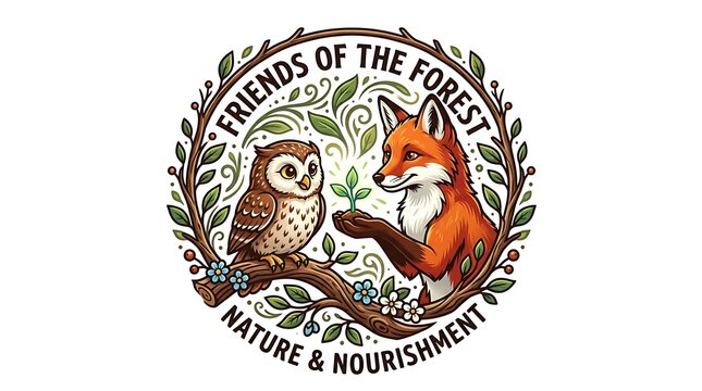 Fox and owl nurturing a seedling in a forest nature logo