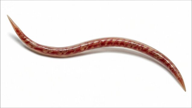 Microscopic view of a single parasitic nematode worm isolated on a clean white background with displays single translucent