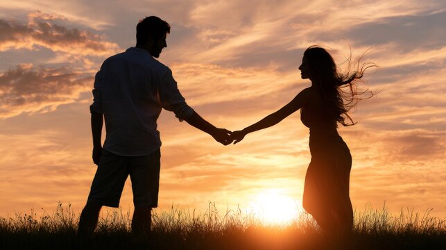 Couple holding hands at sunset, love and romance concept