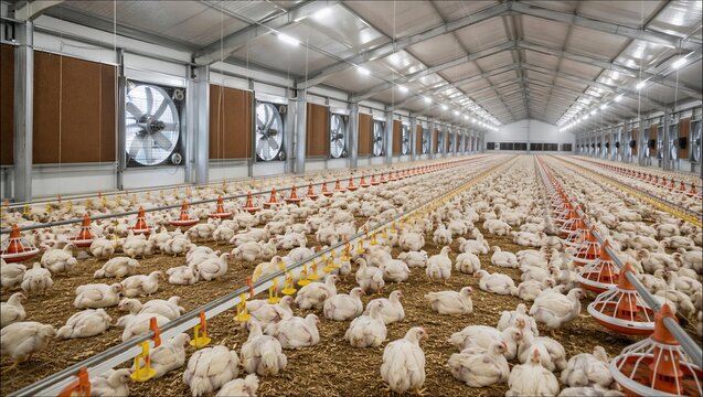 Modern large scale industrial poultry farming facility interior with automated feeding with broiler chickens resting shavings beneath bright