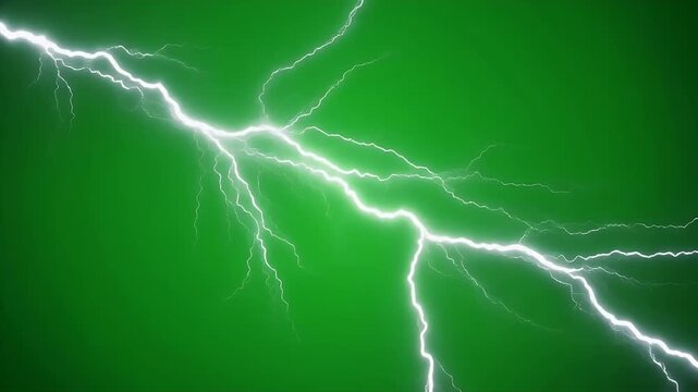 Bright white lightning strikes across a vivid green background.