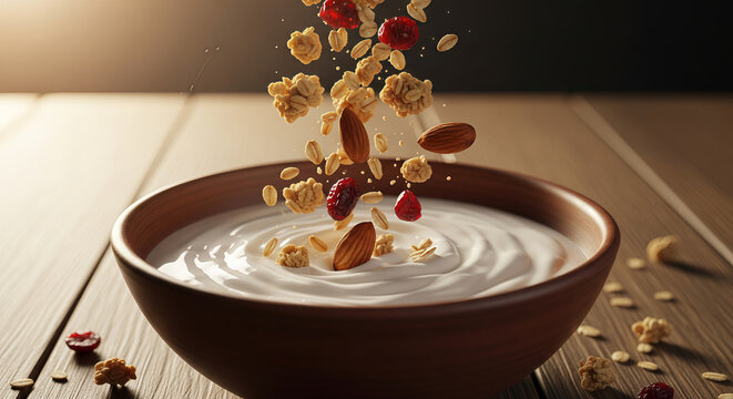 Healthy Breakfast with Granola, Almonds and Dried Cranberries Falling into a Bowl of Creamy Yogurt