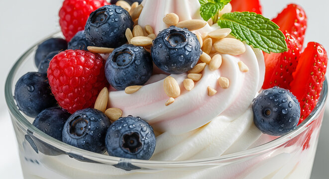 Creamy Swirl Frozen Yogurt Topped with Fresh Blueberries, Raspberries, Strawberries, and Pine Nuts