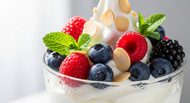 Delicious and Healthy Yogurt Parfait with Fresh Raspberries, Blueberries, Blackberries and Almonds
