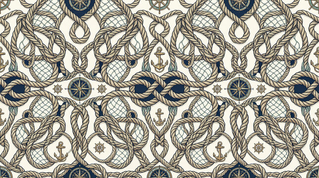Intricate seamless nautical pattern with rope knots anchors and compasses for maritime designs.