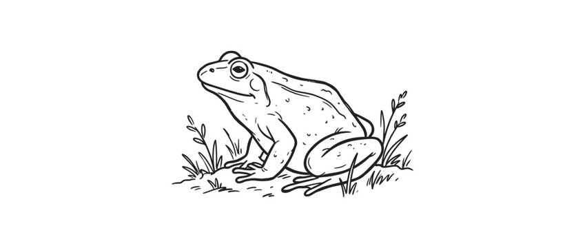 Isolated line art drawing of a frog in grass