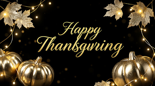 Happy thanksgiving text in gold script with metallic pumpkins and glitter leaves on black background.