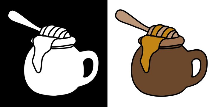 Outline and colored drawing of a honey pot.