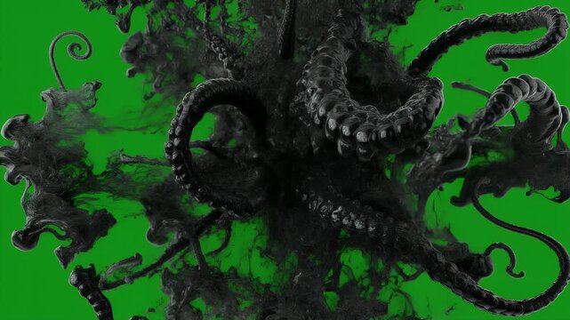 A 3D render of a dark, amorphous creature with tentacles against a green background.
