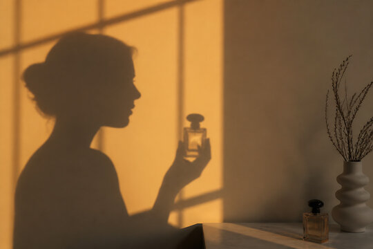 A silhouette of a woman holding perfume in a warmly lit, minimalist indoor setting.