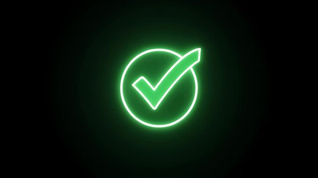 A neon green checkmark within a circle glows against a dark background.