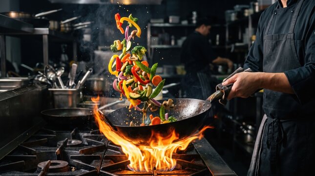A professional chef tosses fresh vegetables in a hot wok over open flames in a dark kitchen area.