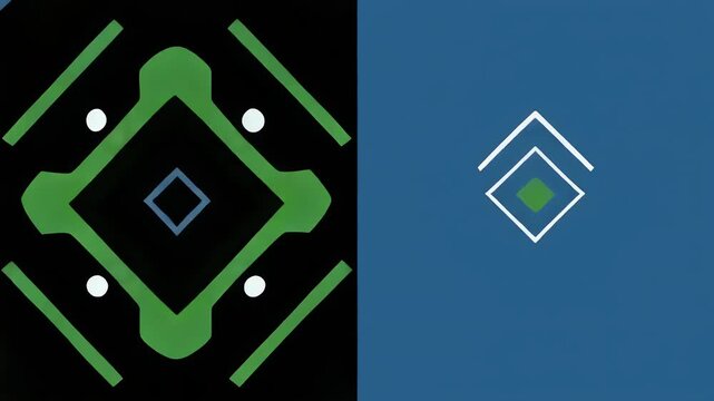 Abstract geometric design split into two contrasting halves.