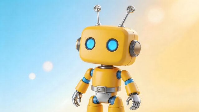 Yellow cartoon robot with blue eyes and antennae against soft gradient background