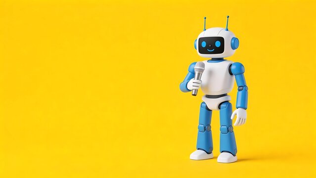 Blue and white robot holding microphone against solid yellow background