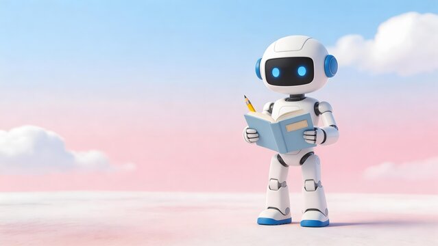 White robot with blue accents reading a book against pastel sky with clouds