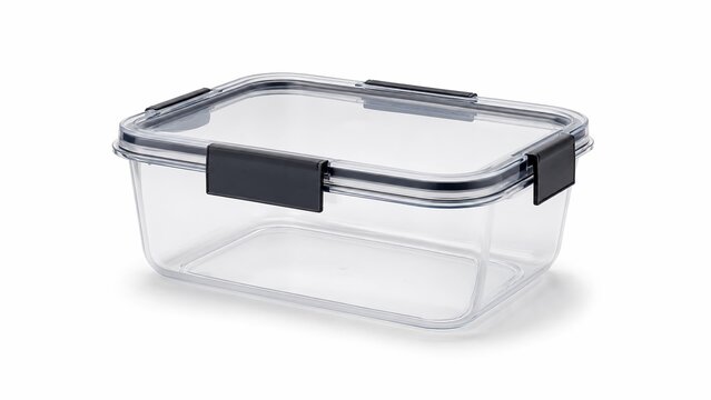 Empty rectangular food storage container with airtight lid and black clips isolated on white background, clear plastic meal prep box