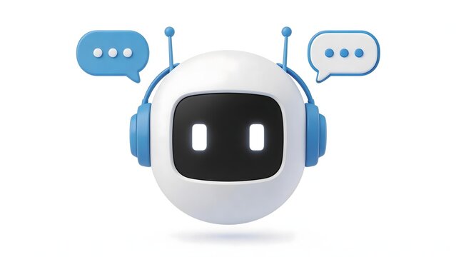 White and blue robot head with headphones and speech bubbles representing AI chatbot or virtual assistant
