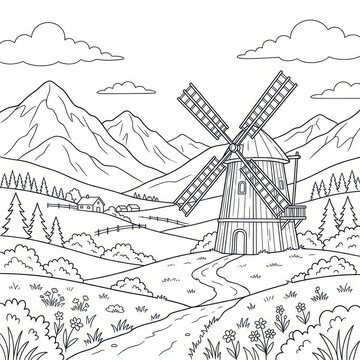 Countryside landscape with windmill and mountains