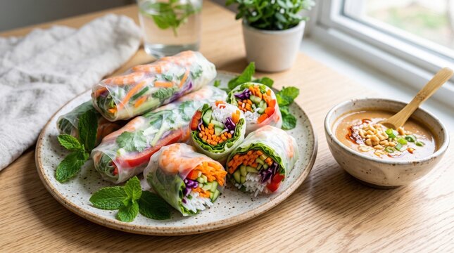 Fresh shrimp spring rolls served with peanut dipping sauce on a rustic plate in natural lighting.