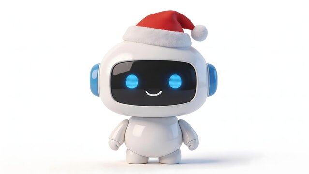 White robot with blue eyes and Santa hat standing against white background