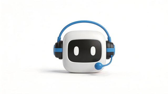 White robot head with blue headphones and microphone on white background