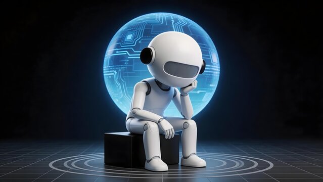 White robot sitting thoughtfully on a black block with glowing blue circuit globe behind it on grid floor