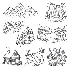 Naklejka premium Nature doodles mountains waterfall cabin and forest scenes