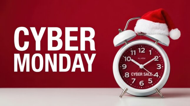 Cyber Monday Cyber Monday sale concept with white analog alarm clock wearing a Santa hat on a red background with text overlay