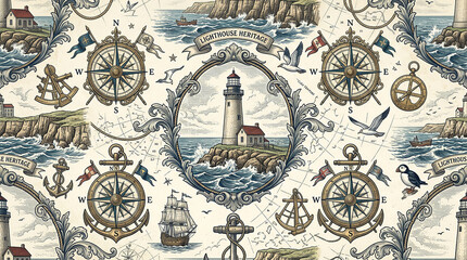 Fototapeta premium Vintage nautical seamless pattern with compasses, ships, and lighthouses.