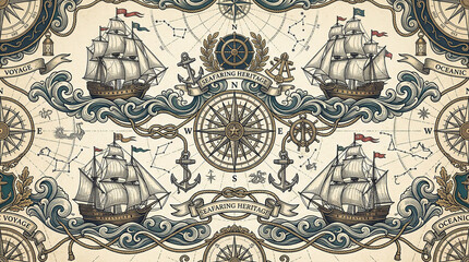 Fototapeta premium Vintage seafaring adventure pattern with ships, compasses, and celestial maps.