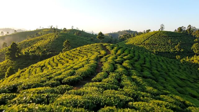Aerial View of Lush Green Tea Plantations in Kerala, India at Sunrise with Rolling Hills and Mist