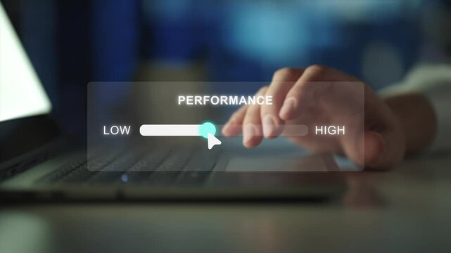Performance optimization concept. adjusting digital slider from low to high, showing business efficiency, productivity improvement, system speed