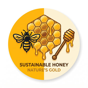 Circular logo for sustainable honey with bee honeycomb and dipper.
