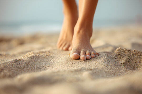 Close-up of bare feet walking on warm sandy beach during sunset