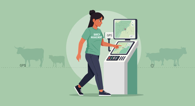 Woman using interactive kiosk for livestock tracking with GPS technology