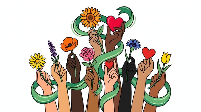 Diverse hands holding flowers and hearts illustration for world mental health day