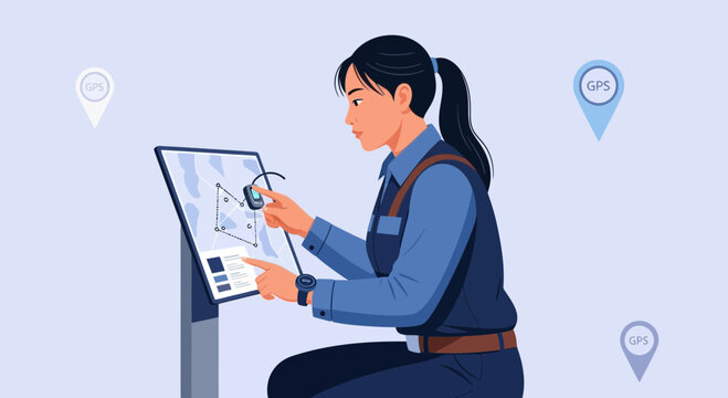 Woman using interactive map kiosk, checking GPS location and route