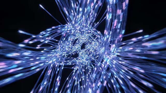 Dynamic Fiber Optic Data Flow with Glowing Particles in Abstract Digital Tunnel