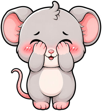 The little gray mouse covers its face, so adorable.