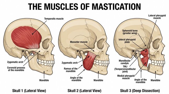 Human skull diagram showing muscles of mastication and jaw anatomy