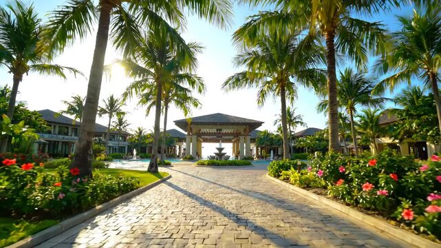 Luxury Tropical Resort Entrance with Palm Trees and Cobblestone Path at Sunrise