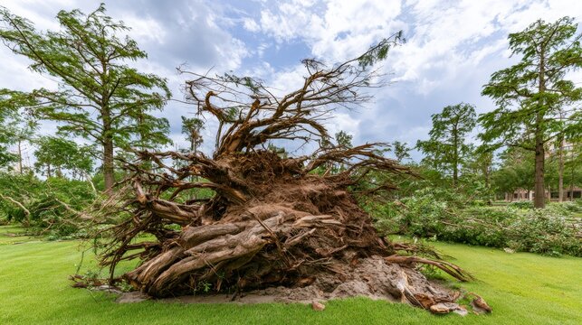Uprooted tree with exposed roots and dirt lying on green grass after powerful storm, showing hurricane damage, severe weather aftermath, climate change impact, and environmental disaster concepts
