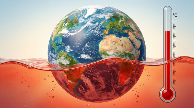 earth partially submerged in red hot liquid with thermometer showing rising temperature global warming climate crisis concept