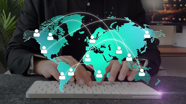 Global business network and remote workforce connection concept with world map, digital communication links. international user profiles, 